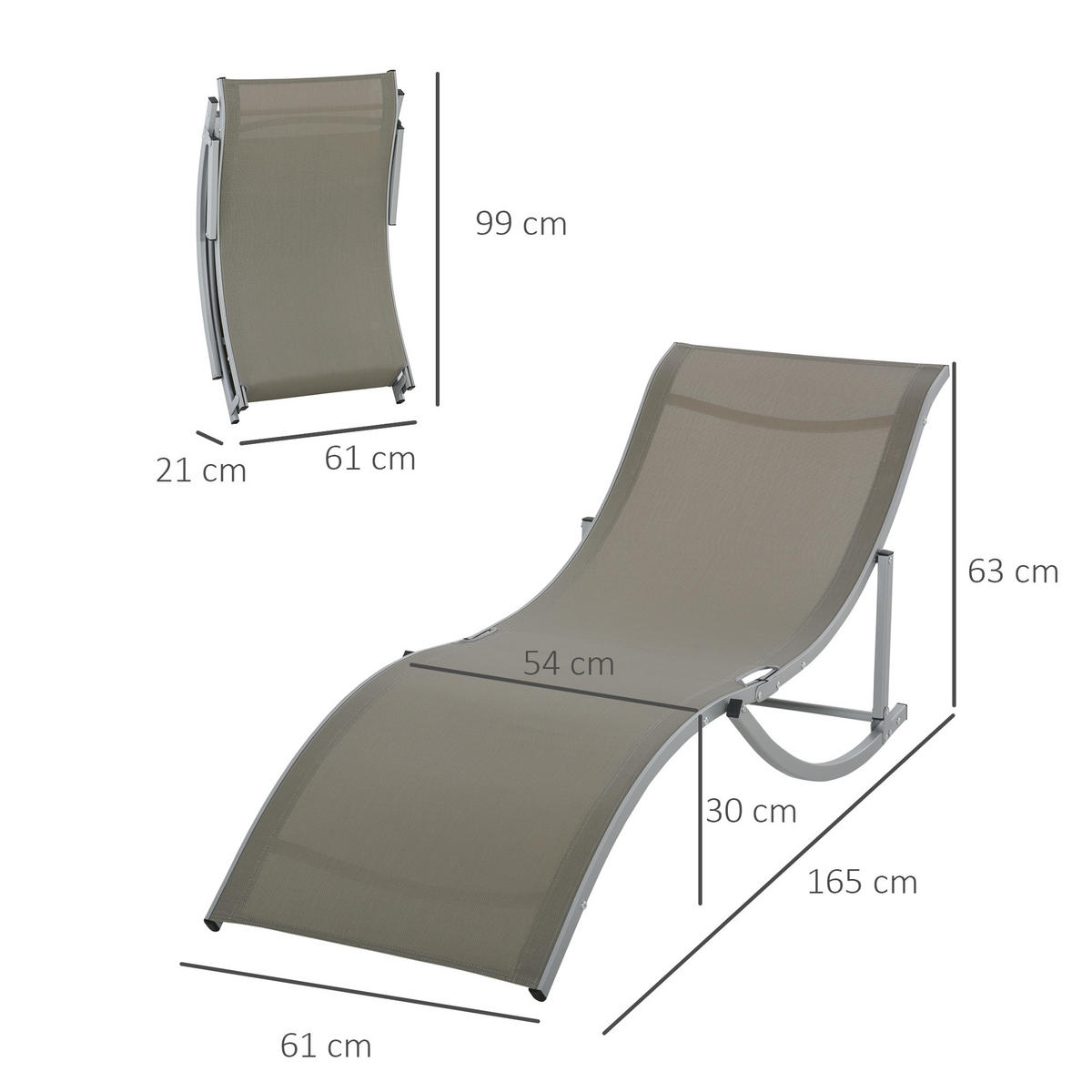 SONNENLIEGE Set mit 2 klappbaren 61 x 165 x 63 cm - Grau, Metall (165/63/61cm) - Vallsero