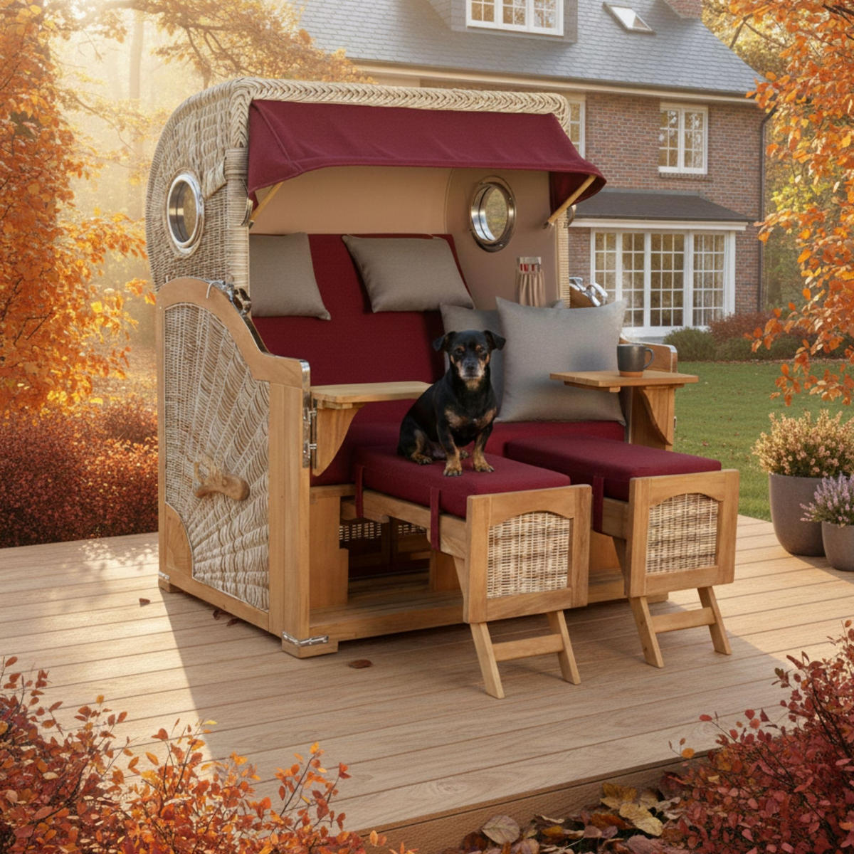 STRANDKORB XXL Düne Grande Teak PE Shell - Rot/Braun, Metall (142/170/95cm) - Mr. Deko