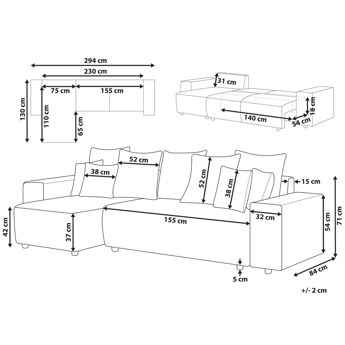 3-SITZER-ECKSOFA hellgrau linksseitig mit Schlaffunktion Stauraum Luspa - Schwarz/Grau, Textil (294/130cm) - Beliani
