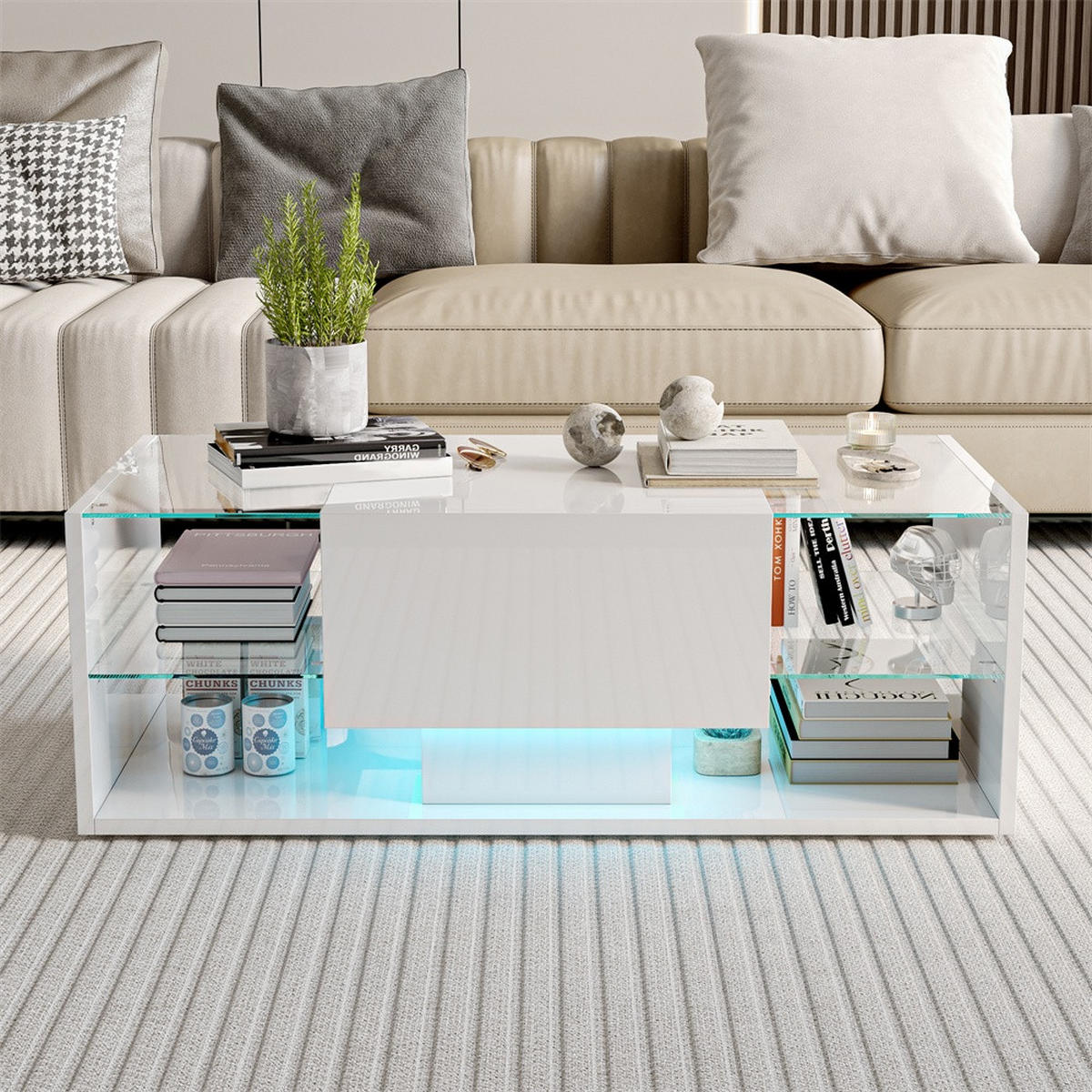 COUCHTISCH mit RGB-LED-Beleuchtung und Glasablagen - Hochglanz - Wohnzimmertisch rechteckig - Weiß - Weiß, Holzwerkstoff (100/50/35cm) - DELFA