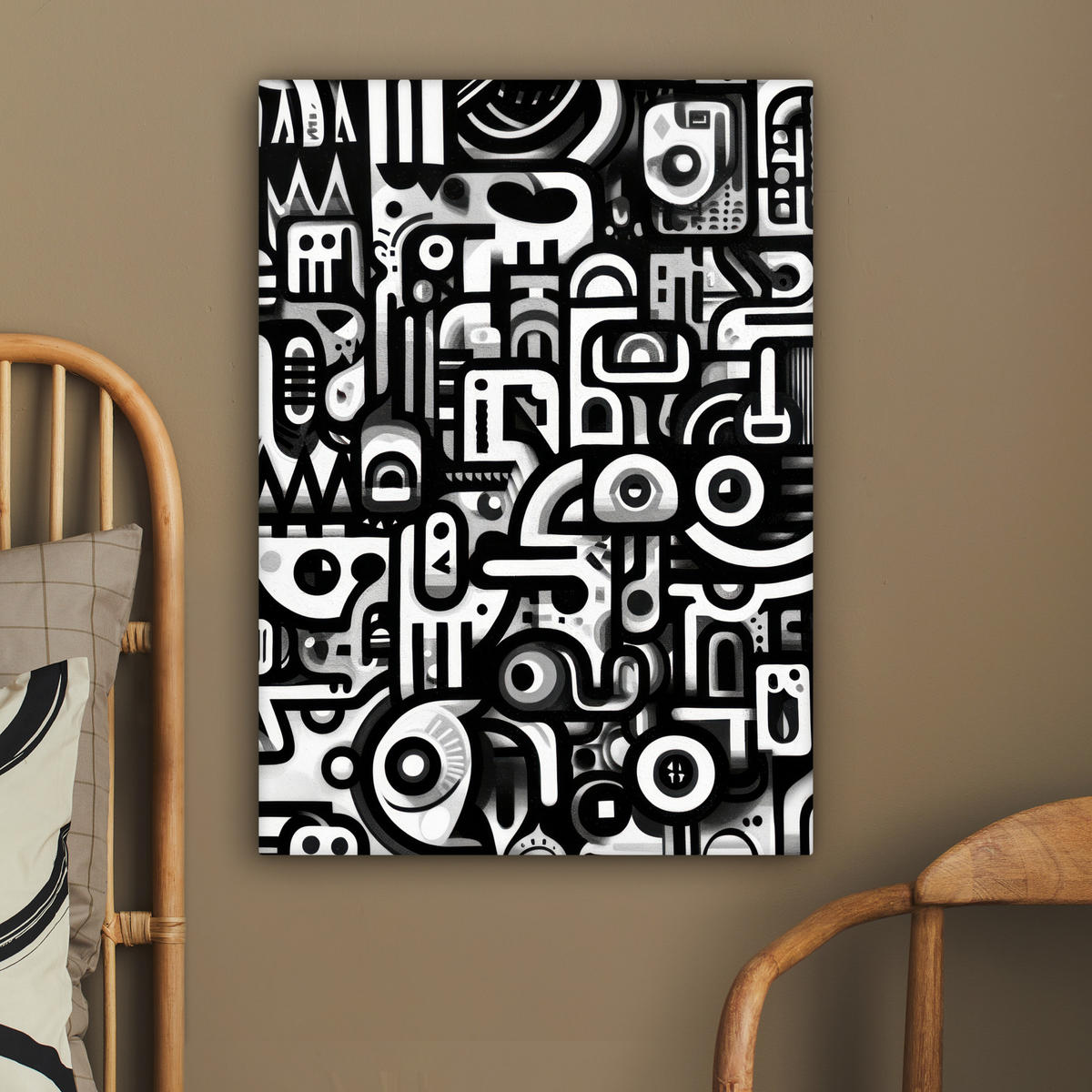 LEINWANDBILD Symbole - Abstrakt - Grafik - Schwarz Wandbild Wohnzimmer 60x80 cm - Schwarz, Textil (60/80cm) - MuchoWow