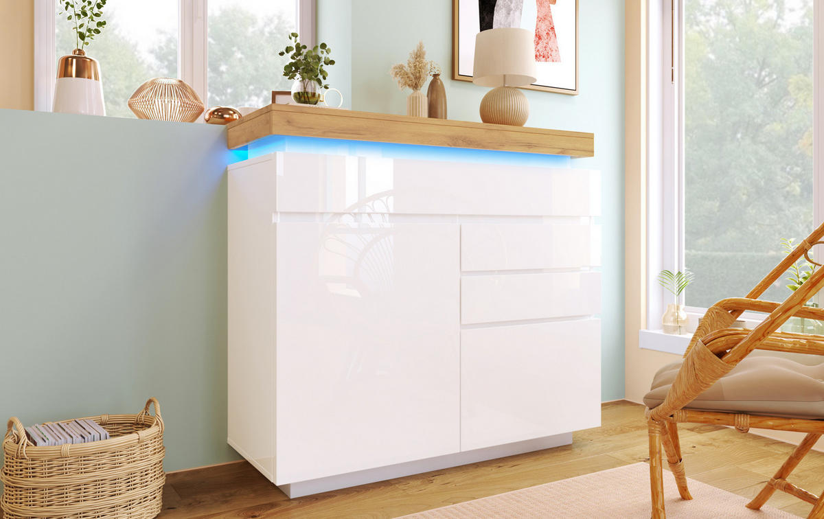 SIDEBOARD aus Spanplatte und MDF 39x110x115 cm Weiß mit LED-Beleuchtung, 2 Türen und 3 Schubladen - Weiß, Holzwerkstoff (110/115/39cm) - IVMEU
