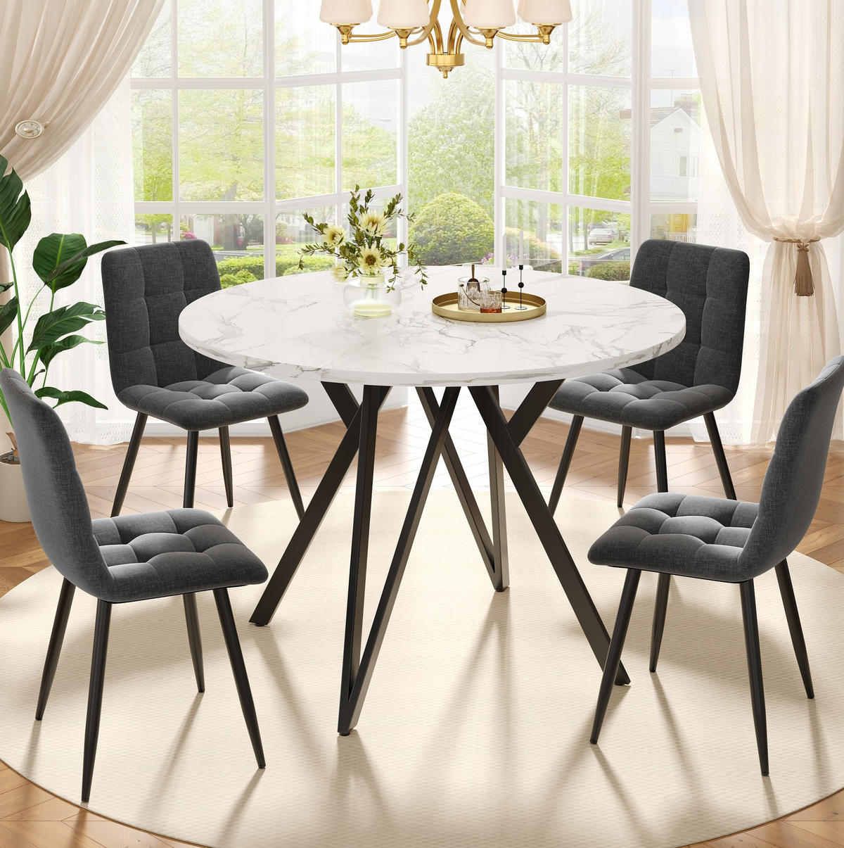 ESSTISCH 100x100x76 cm aus MDF mit Marmoroptik auf schwarzem Metallgestell - Schwarz, Holzwerkstoff (100/100/76cm) - Modfu