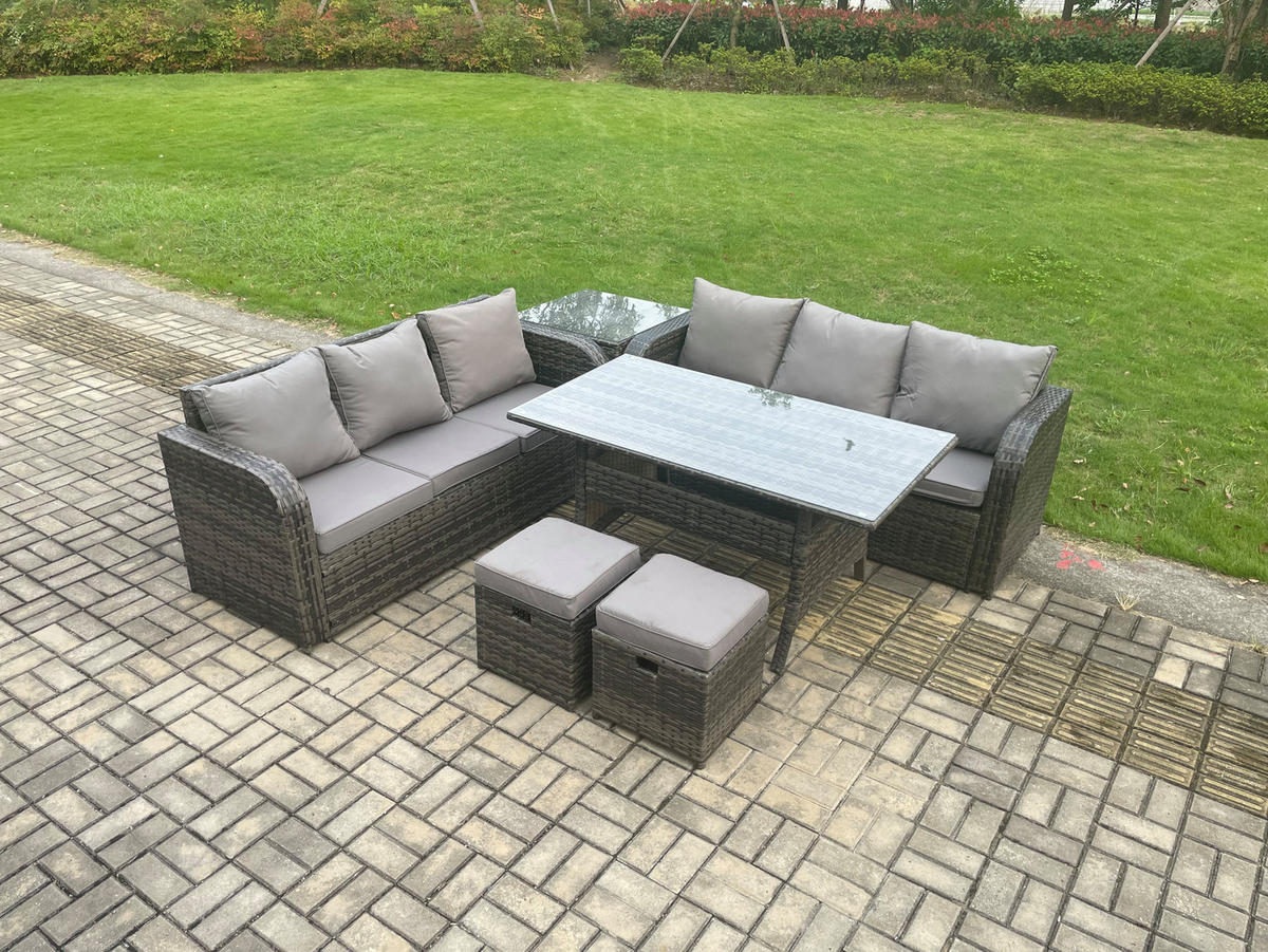 GARTENTISCHGRUPPE mit Beistelltisch,2 Hockern Polyrattan Dunkelgrau 8-Sitzer - Dunkelgrau/Grau, Glas/Kunststoff - Fimous