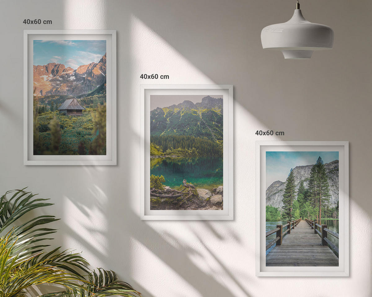 BILDER SET 3er Set - 40x60 cm Weißer Rahmen - Berglandschaft See Brücke - Weiß, Kunststoff (40/60cm) - TULUP