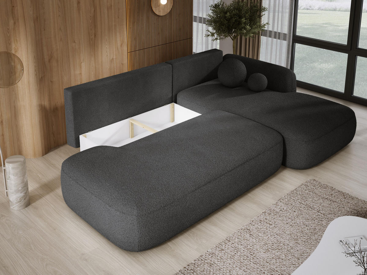 ECKSOFA BABU mit Schlaffunktion, Moderne Polsterecke für Wohnzimmer, funktionales Schlafsofa im Stoff NOW OR NEVER, 300x105x60cm rechte, schwarz - Anthrazit, Holz/Textil (300/190cm) - DomoHome