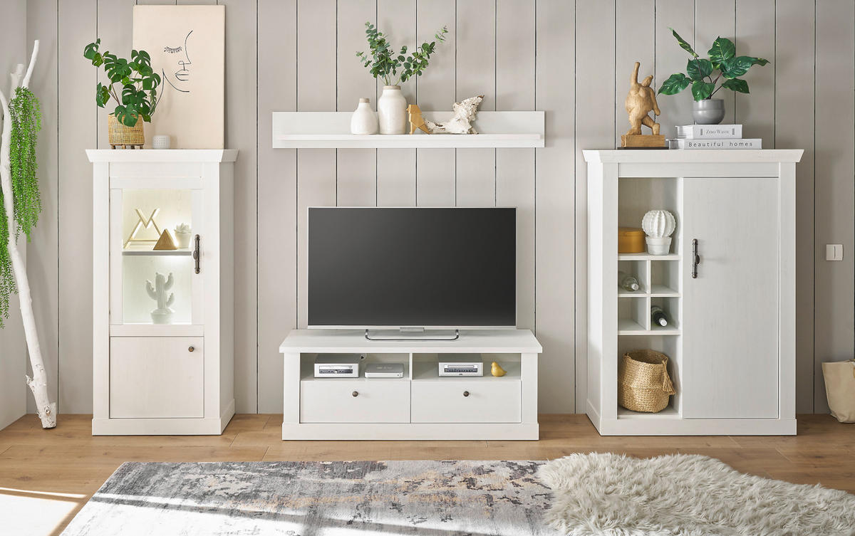 TV-LOWBOARD weiß Pinie Landhaus, TV Unterteil 132 cm, Soft-Close-Funktion - Weiß, Holzwerkstoff/Kunststoff (135/51/45cm) - Furn.Design