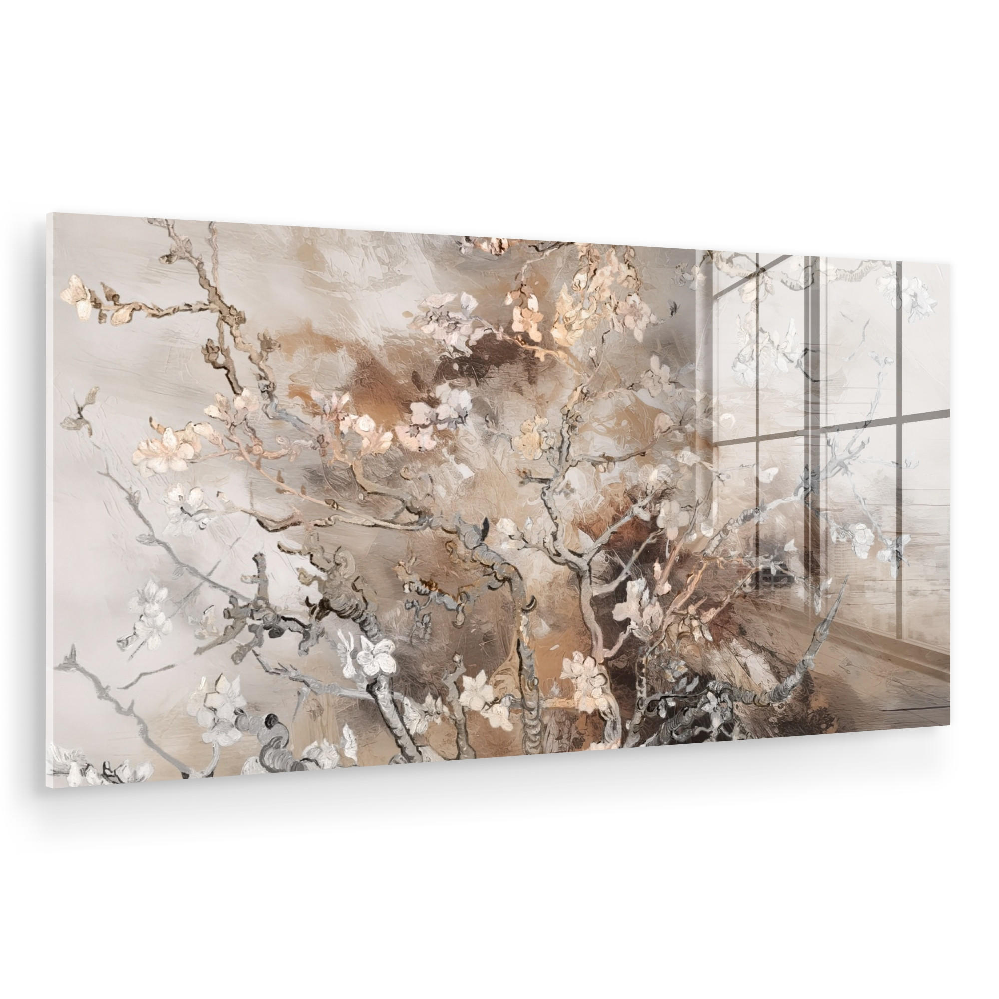 ACRYLGLASBILD Mandelblüte - Kunst - Van Gogh - Beige - Abstrakt 120x60 cm - Braun, Glas (120/60cm) - MuchoWow