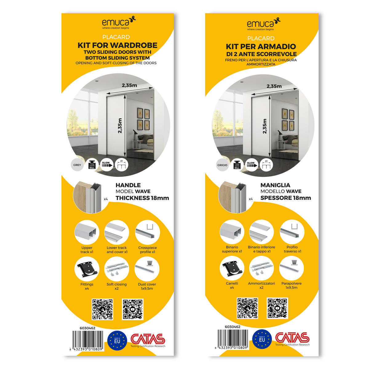 HARDWARE SET für Placard 81 2-schiebig und sanft Schliessend Kleiderschrank, Wave Profil, Dicke 18mm, Paneele nicht inbegriffen, Matt eloxiert - Dunkelgrau, Metall (8/6/235cm) - EMUCA