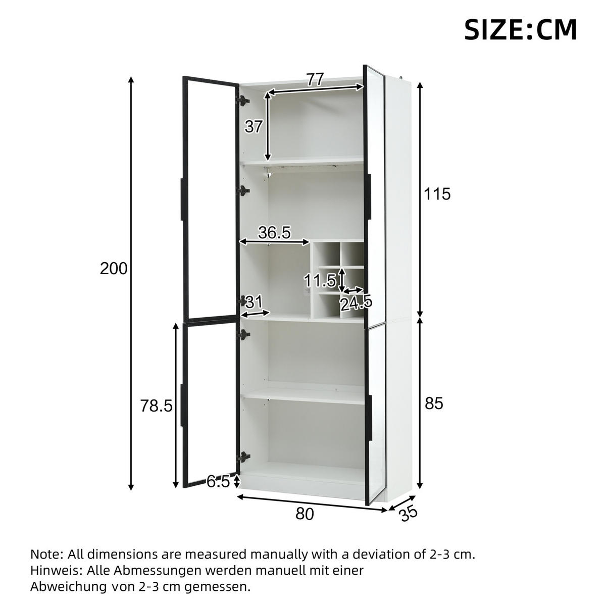 VITRINA 80/35/200 cm bijela, s LED osvjetljenjem i prostorom za vino - bijela, drvni materijal (80/200/35cm) - BEAOK
