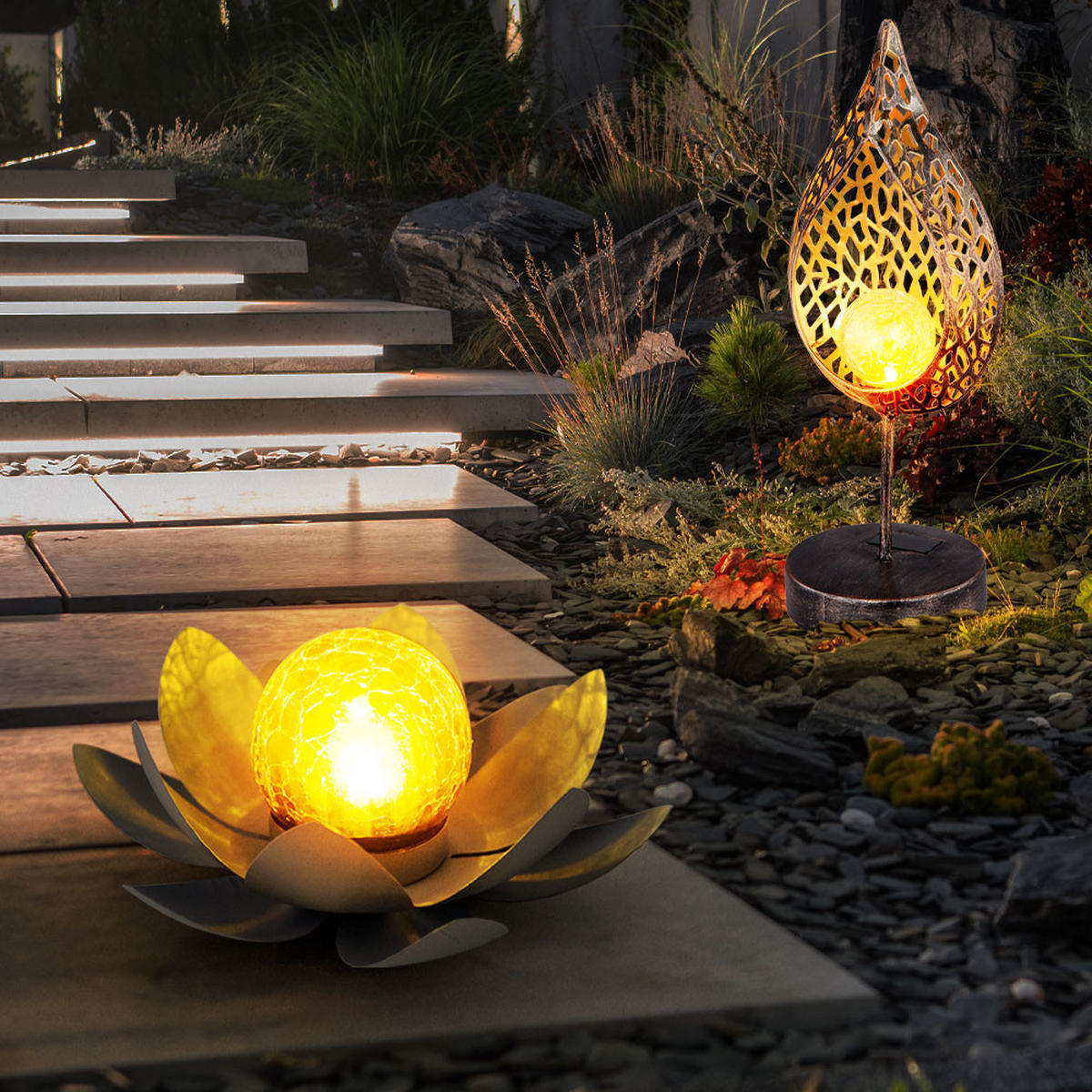 LED AUSSENLEUCHTE Lotusblume Flammen Design 2er Set - Multicolor, Glas (16/7/90cm) - Globo Lighting