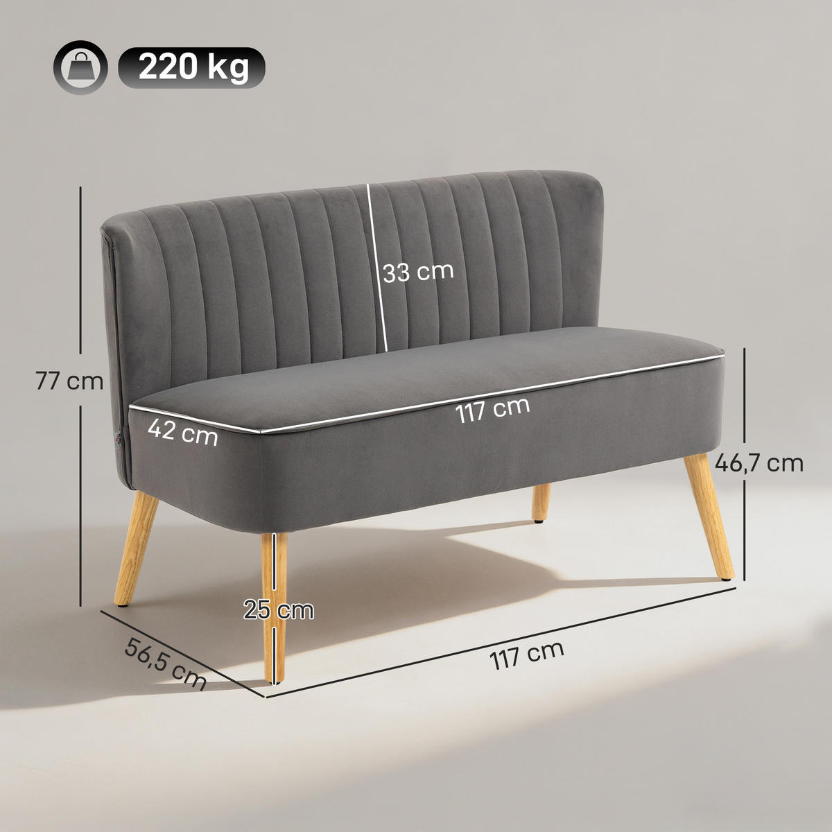 2-SITZER Sofa Zweisitzer, Loveseat mit Leinenoptik, Doppelsofa mit Holzbeine - Dunkelgrau/Graubraun, Holz/Textil (56.5/77/117cm) - HOMCOM