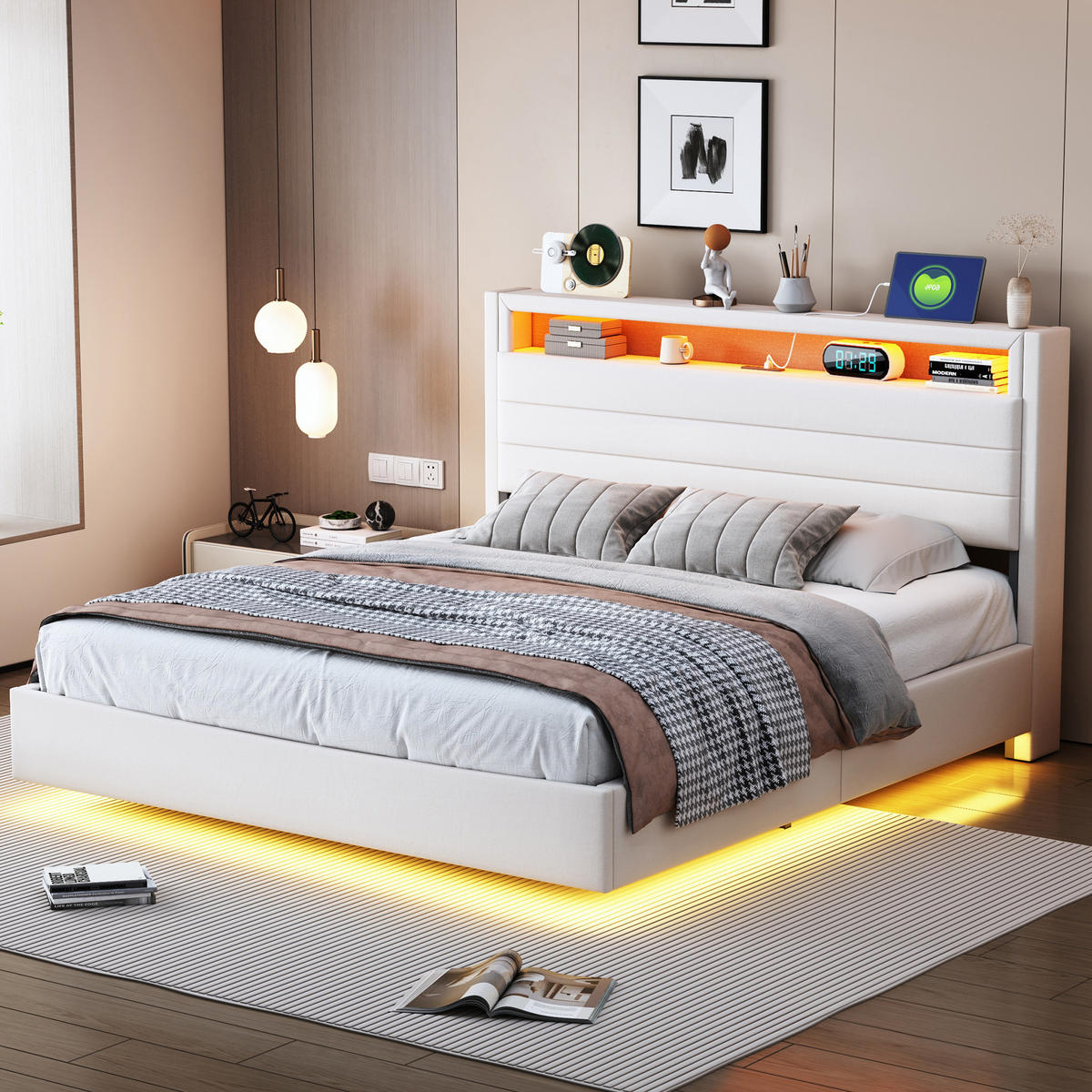 POLSTERBETT 140/200 cm Beige mit hydraulischem Stauraum und LED-Beleuchtung - Beige, Textil (140/200cm) - OKWISH