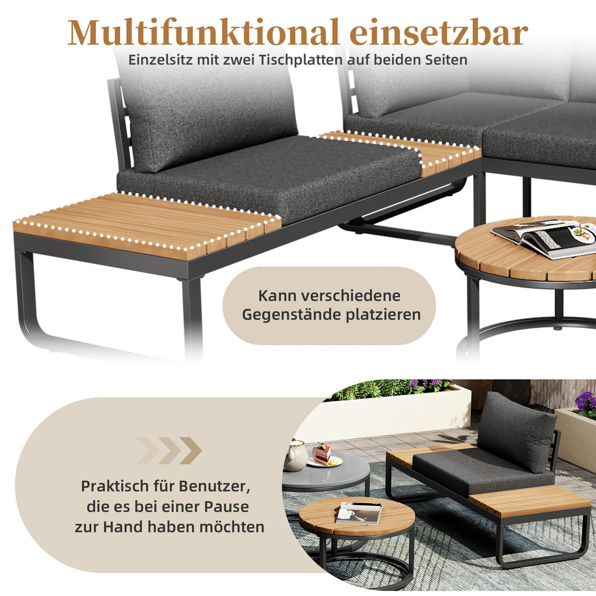 GARTENSET 4-5 Sitzer Grau Mit 2 Stapeltischen - Grau, Metall - FLIEKS