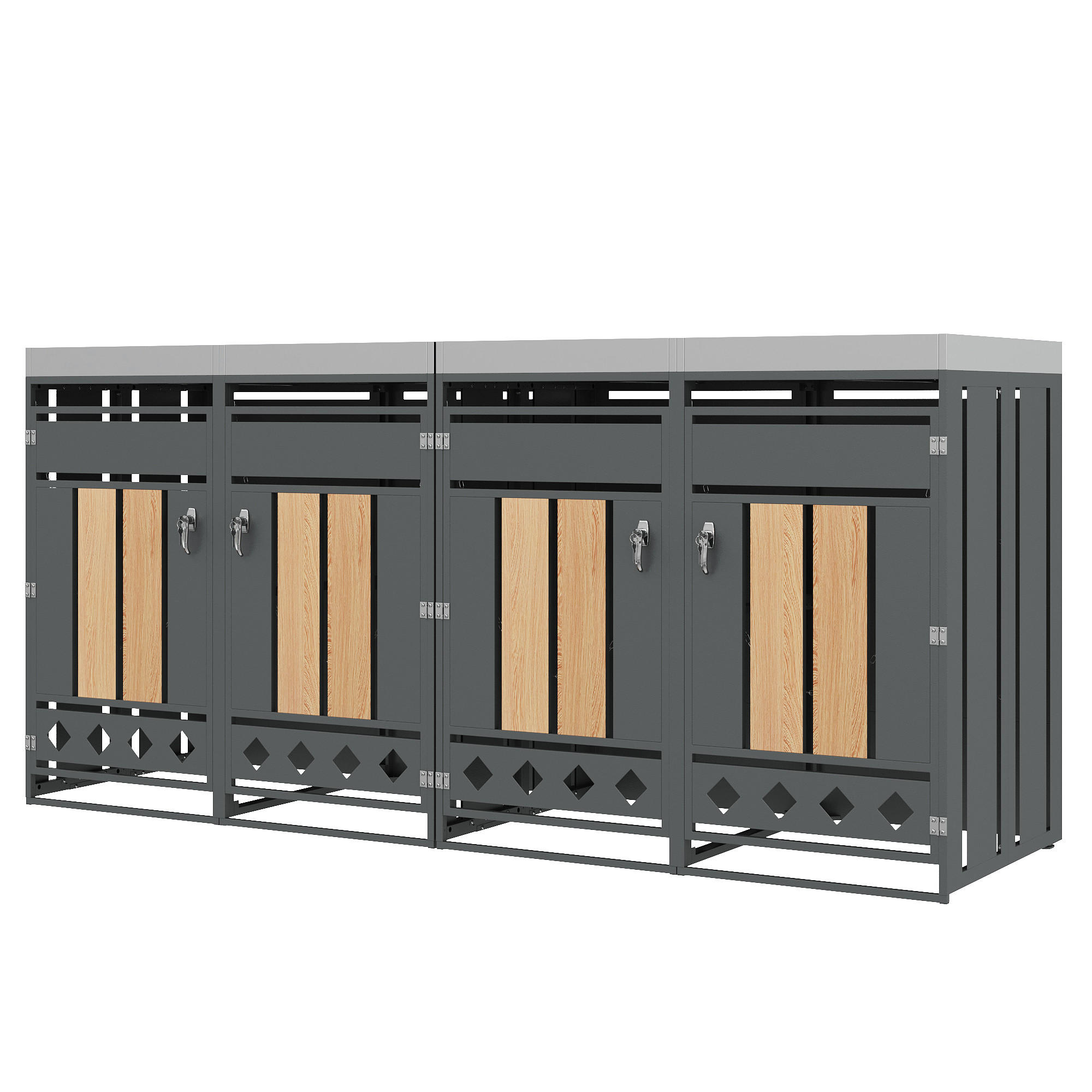 MÜLLTONNENBOX mit Pflanzkasten 4 Fächern Abschließbar Holzoptik - Grau, Metall (264/124/80cm) - PARAFTA HOME