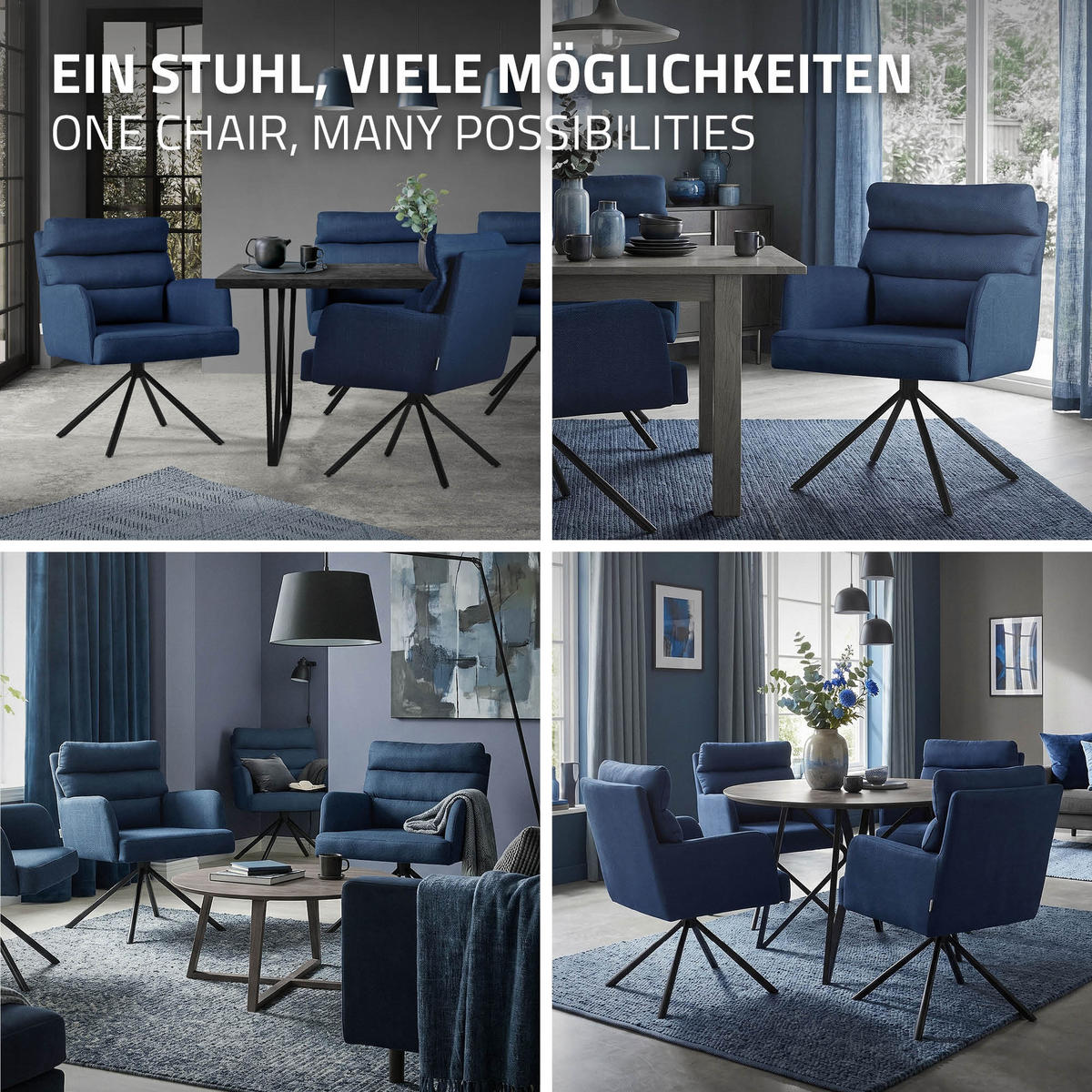 ESSZIMMERSTUHL drehbar Dunkelblau Stoffbezug - Schwarz/Dunkelblau, Textil/Metall (64.5/93/64cm) - ML-DESIGN
