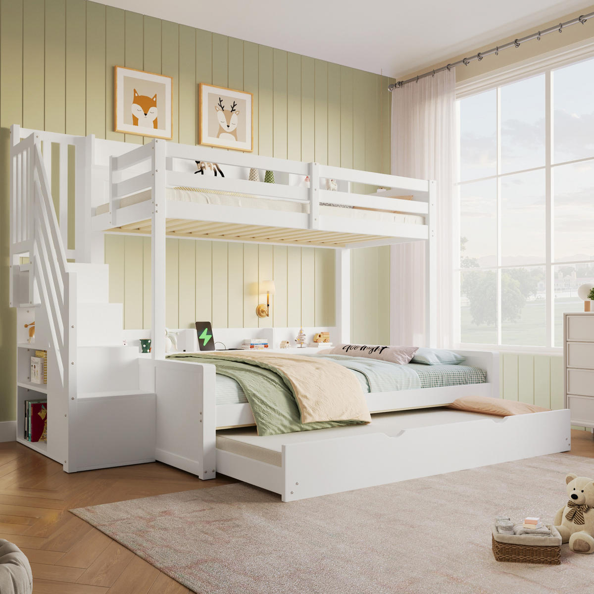 ETAGENBETT aus MDF und Kiefernholz 90x200/140x200 cm Weiß mit Ausziehbett, Stauraumtreppe und USB-Anschluss - Weiß, Holz (90/200cm) - Modfu