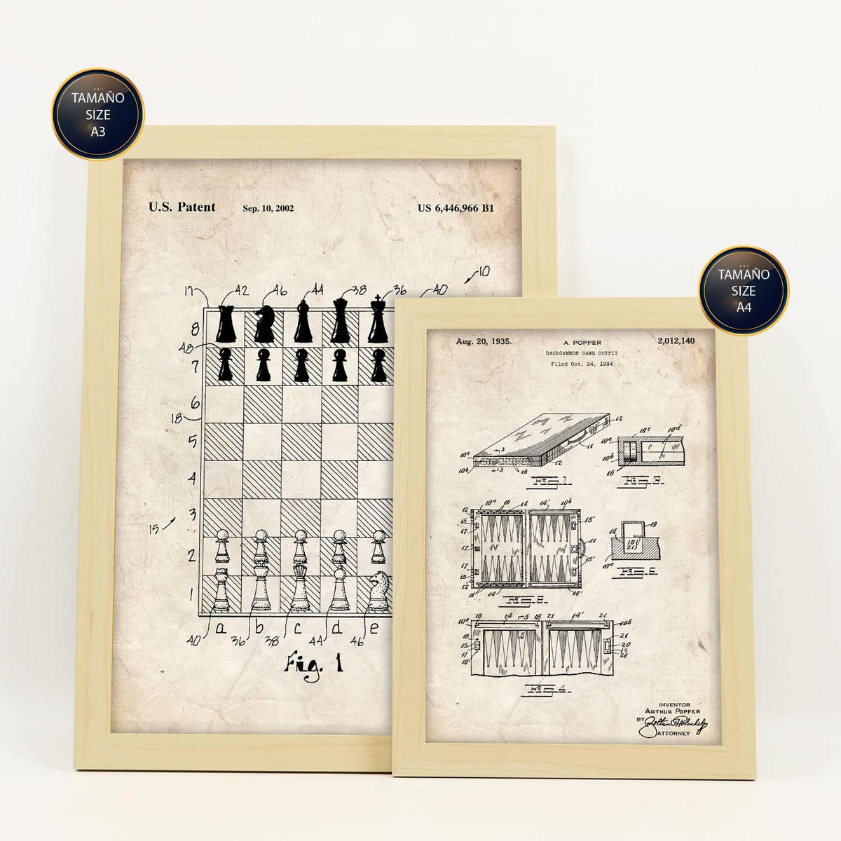 POSTER Set Mit 6 Plakaten Mit Brettspiel Patenten Im Vintage Stil A3 & A4 Rahmen Aus Hellem Holz - Beige, Papier (29/3cm) - Nacnic