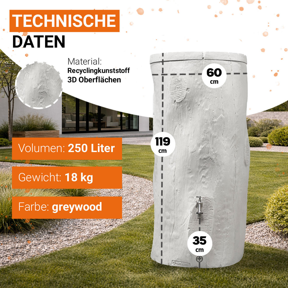 STOCK Regentonne 250 L, grey - Grau, Kunststoff (60/119/60cm) - GARANTIA