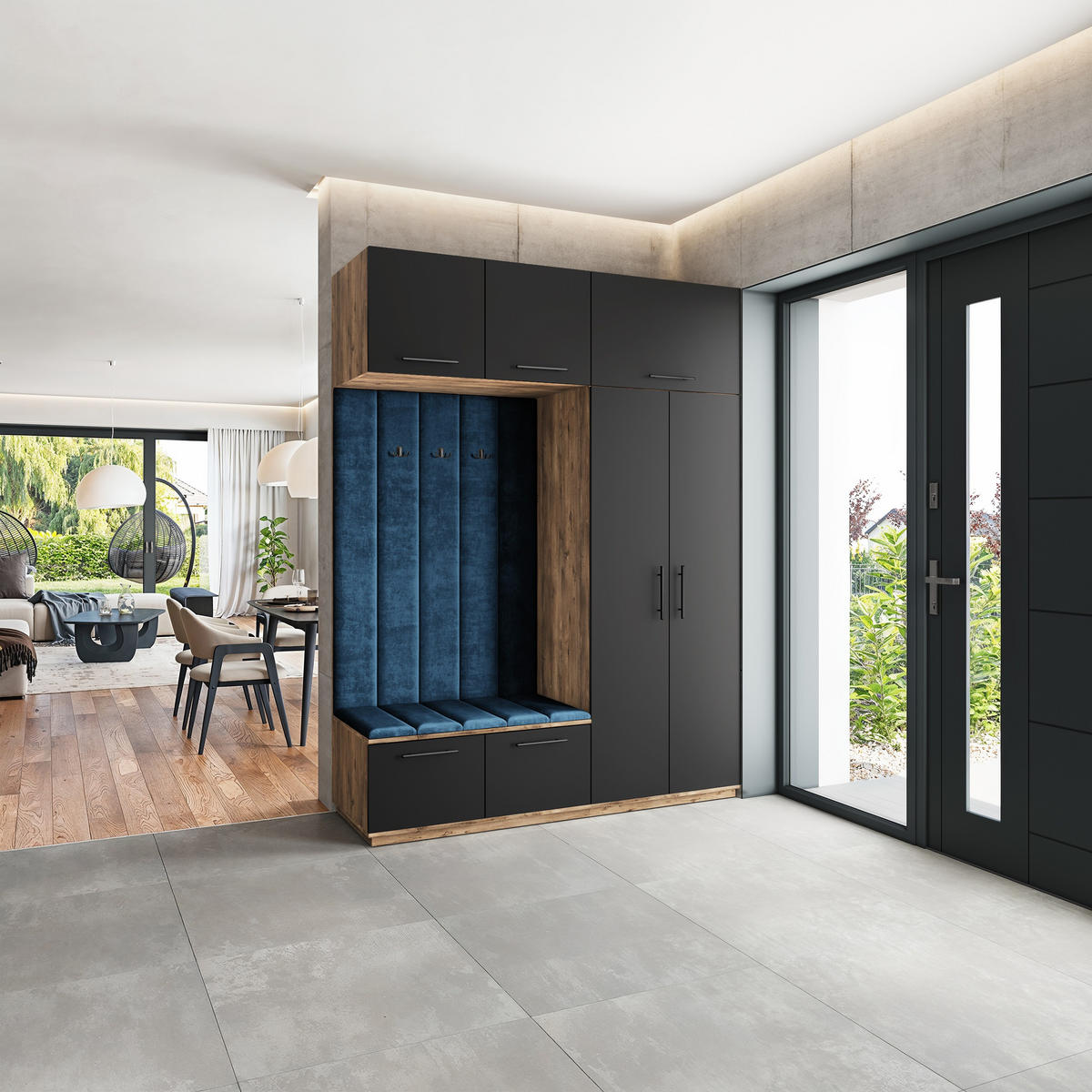 GARDEROBENSCHRANK REMA 180/240/60 cm Modern Garderobe-Set Eiche Lefkas - Blau/Eichefarben, Holzwerkstoff (180/240/60cm) - MASSENO