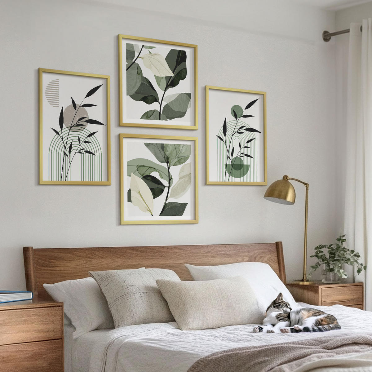 BILDER SET 4er Set - 50x50 cm & 40x60 cm Goldrahmen - Boho-Pflanzenkompositionen - Goldfarben, Kunststoff (50/50cm) - TULUP