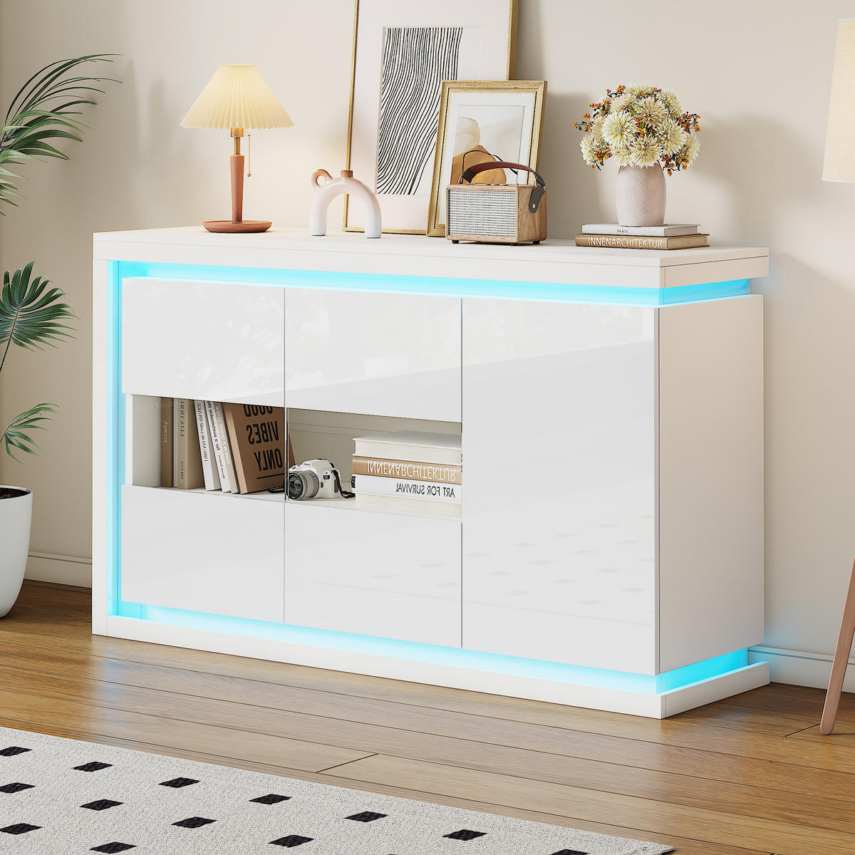 SIDEBOARD LED Hochglanz 4 Fächer Glas 140x40x84cm - Weiß, Holzwerkstoff (40/84/140cm) - FLIEKS