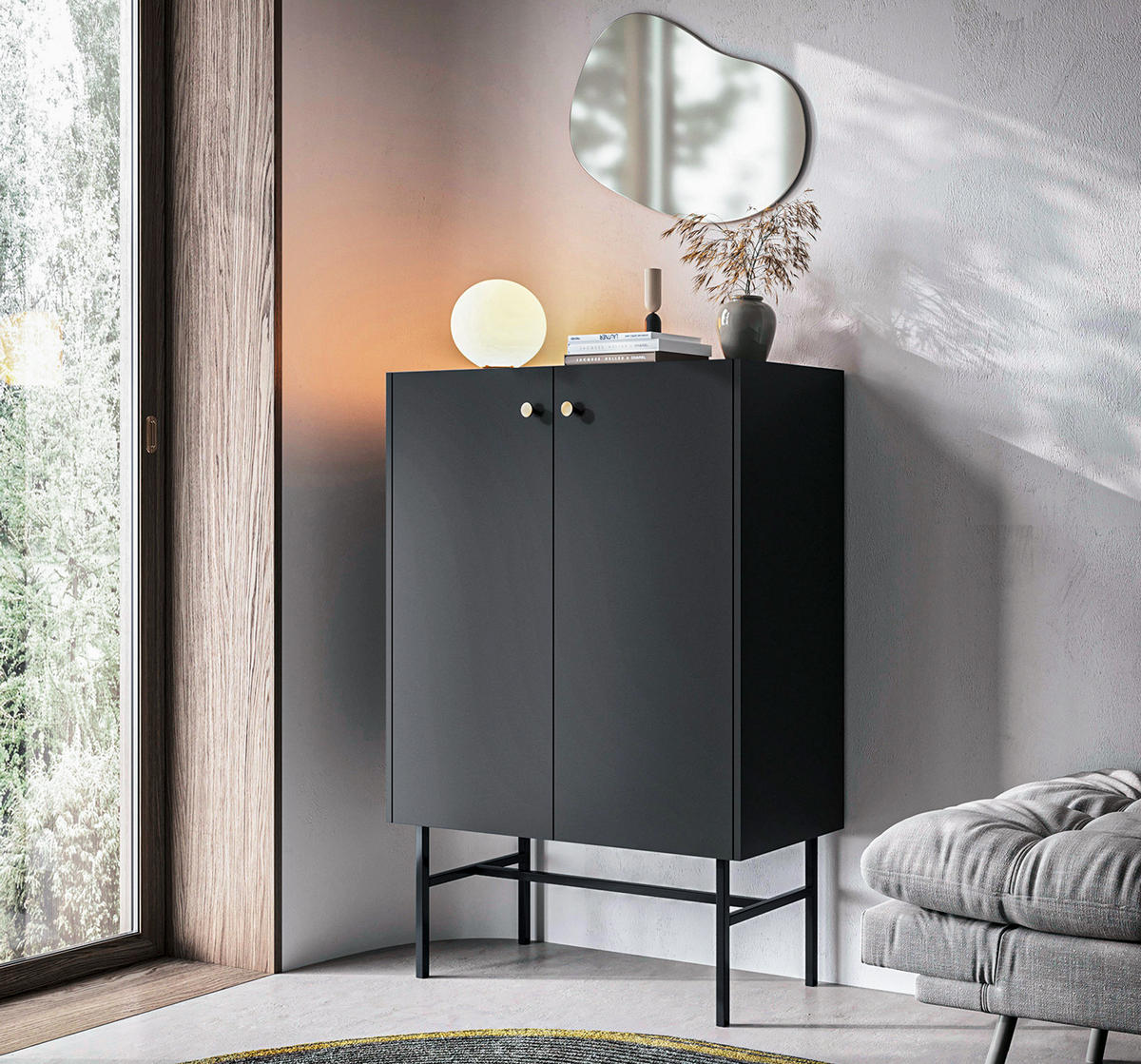 HIGHBOARD Dinley 2T Schwarz 93,2/131,7/39 cm – mit schwarzen Beinen im minimalistischen Design - Schwarz, Holzwerkstoff/Metall (93.2/131.7/39cm) - AX Living