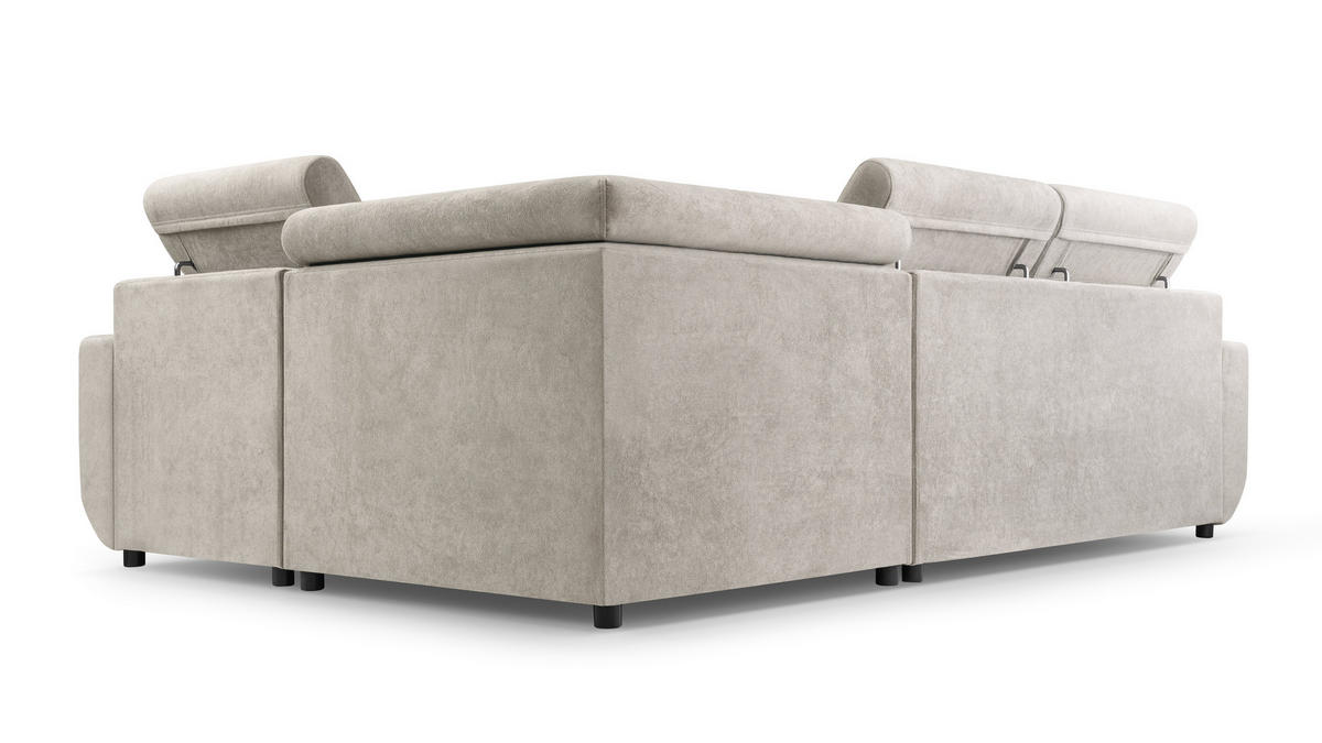 ECKSOFA RENO Grau Plüsch-Stoff mit Schlaffunktion - Grau, Holz (263/184cm) - MASSENO