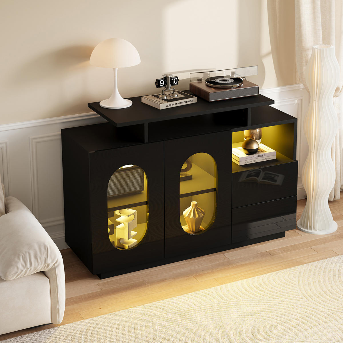 SIDEBOARD in Schwarz LED-Kommode, Hochglanzfront, mit LED Stauraum als Vitrine/Anrichte/Minibar Wohnräume B120/T40/H80cm - Schwarz, Holzwerkstoff/Metall (120/80/40cm) - STILVORA