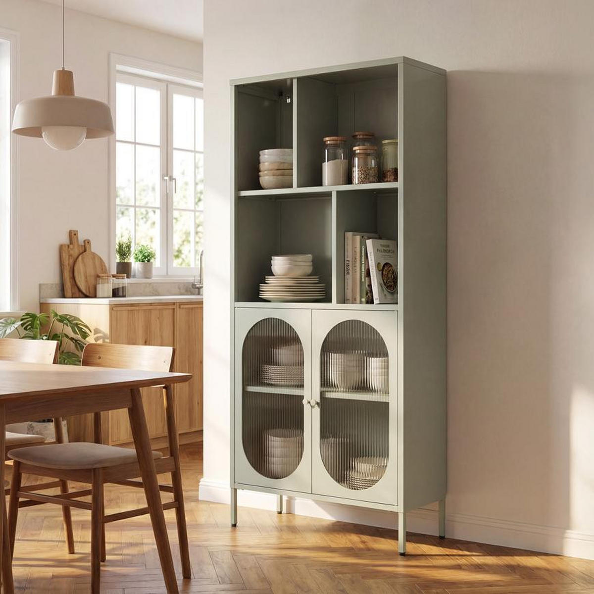 BÜCHERREGAL Metall H180cm 2 Türen 4 Fächer Salbeigrün und Geriffeltes Glas MILIE - Salbeigrün, Metall (35/180/80cm) - Sicaan