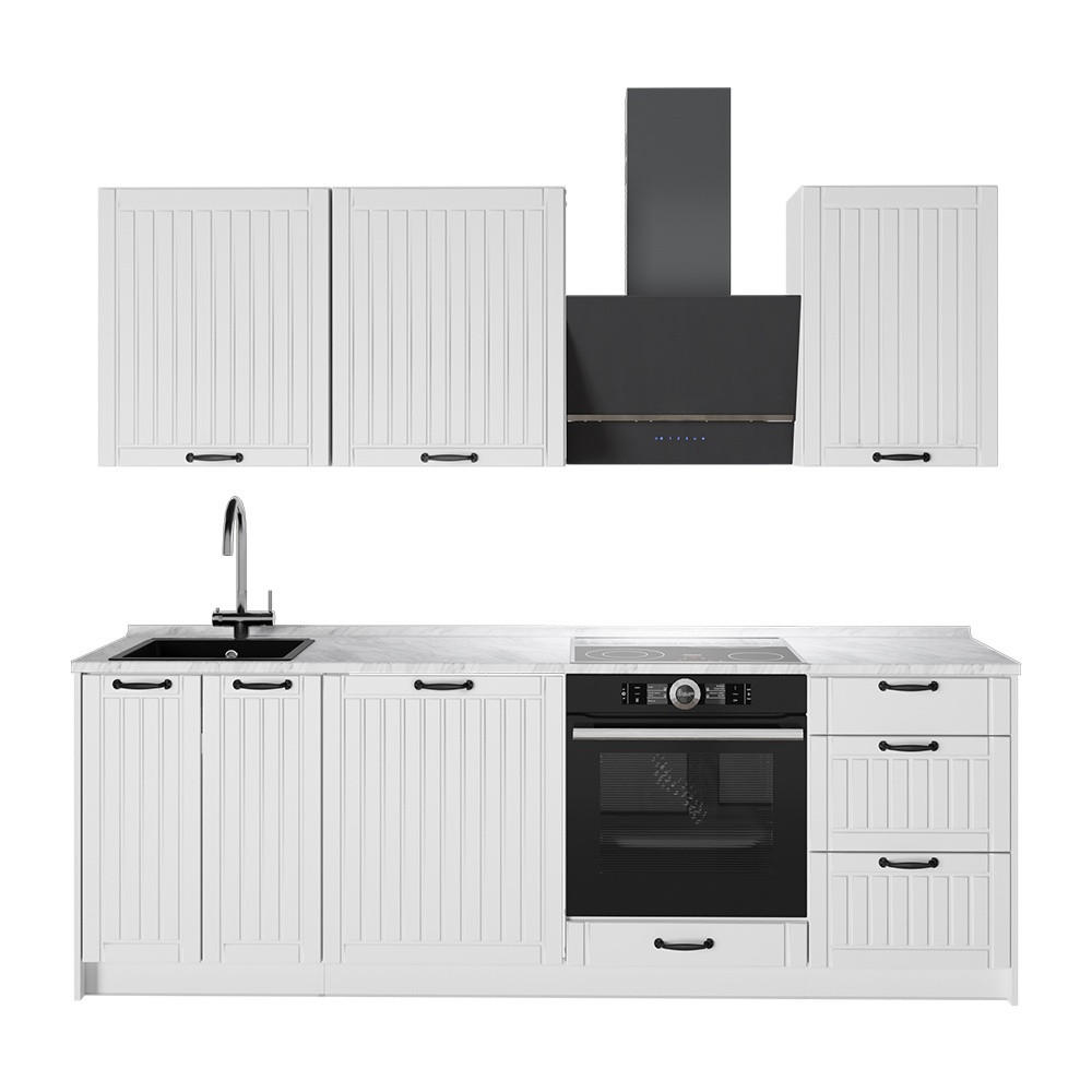 KÜCHENZEILE Fame-Line, Weiß Landhaus/Weiß, 230 cm, AP Marmor - Weiß, Holzwerkstoff (230/206.8/60cm) - Vicco