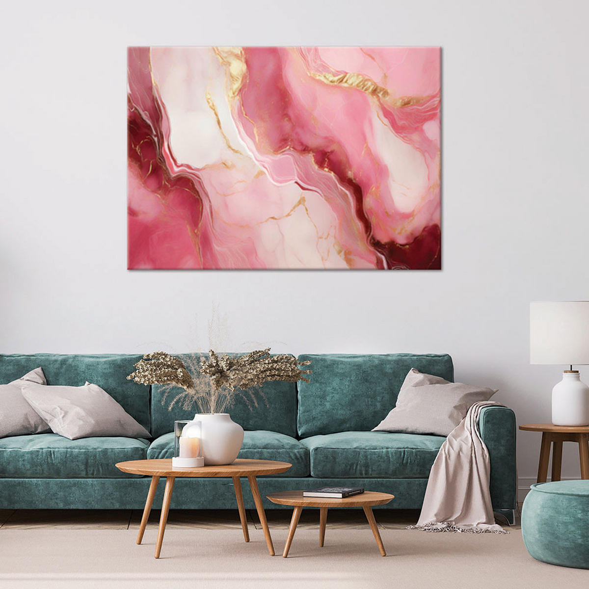 LEINWANDBILD Rosa Marmorstein Goldelemente 100x70cm - Rosa, Textil (100/70cm) - Feeby