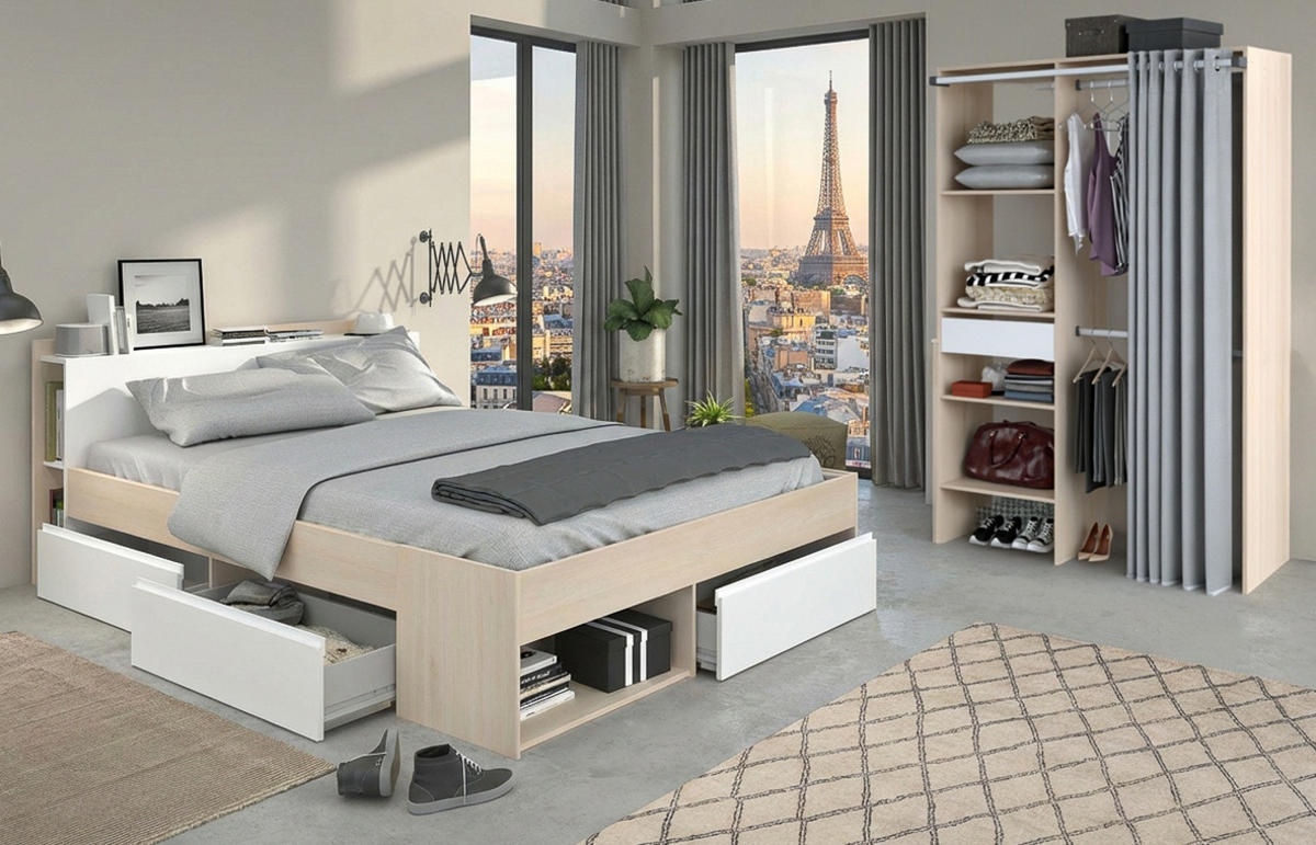 SCHLAFZIMMER-SET 2-teilig Akazie, weiß, Komplettset mit Stauraumbett (140 cm) und Kleiderschrank - Weiß/Akaziefarben, Holzwerkstoff (150/182/220cm) - Parisot Meuble