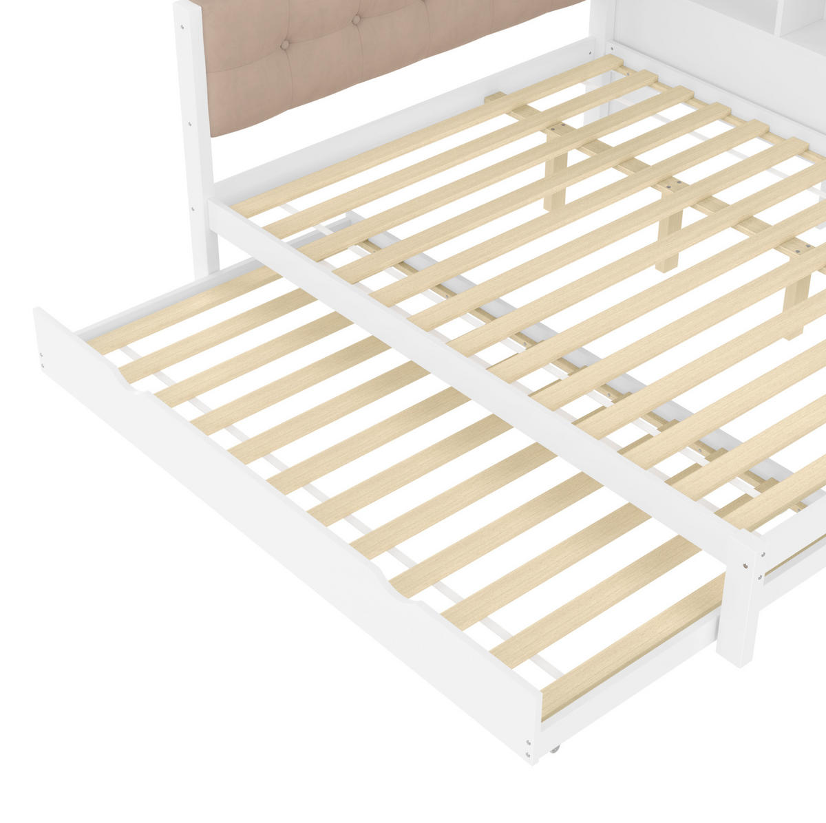 TAGESBETT 140/200 cm Weiß aus Kiefernholz und MDF mit Ausziehbett, Regal, USB-Anschluss und LED-Leiste - Weiß, Holz (140/200cm) - OKMYHOME