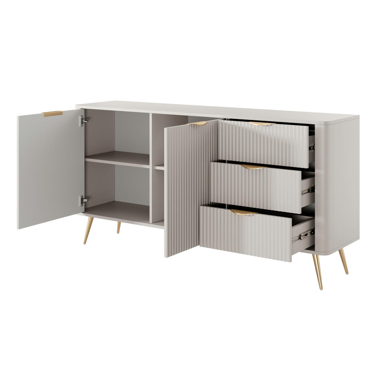 SIDEBOARD LEKNES KOM2 Reliefierte Fronten aus MDF-Platte Beige Beige - Beige, Glas/Holzwerkstoff (163/81/38cm) - Komodee