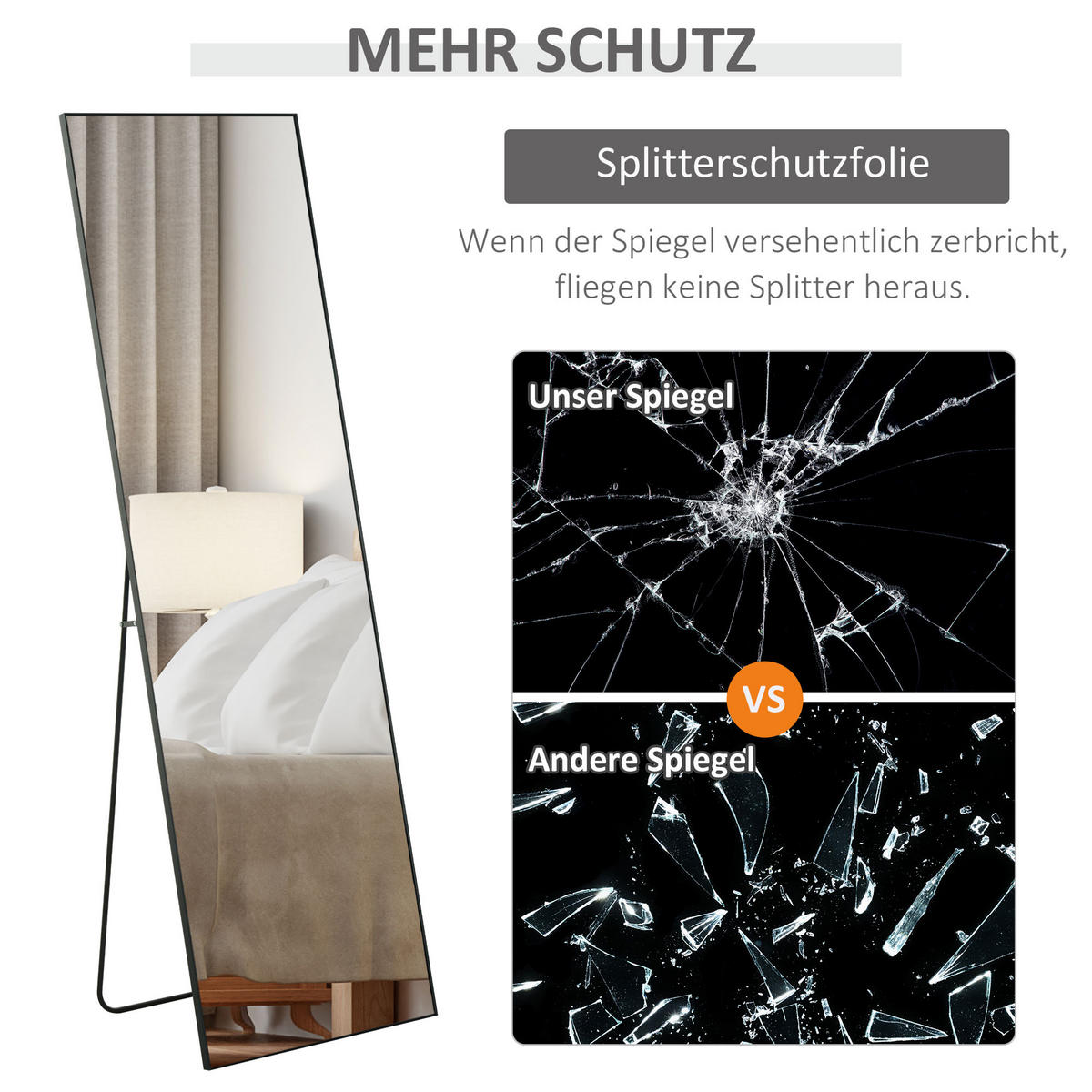 STANDSPIEGEL, freistehender Ganzkörperspiegel, Ankleidespiegel für Flur, Alu - Schwarz, Glas (2/161.5/50cm) - HOMCOM