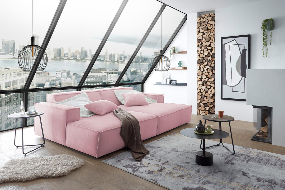BIG SOFA SAMU Pink Cord - Pink/Schwarz, Textil (256/72/168cm) - KAWOLA