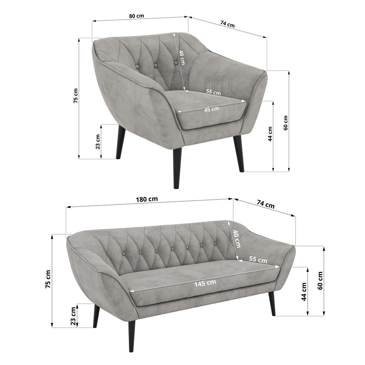 SEDACÍ SOUPRAVA 3+3+1 PIRS - Světle šedá Samet - Černé nohy - černá/světle šedá, kompozitní dřevo/textil (180/75/74cm) - MKS