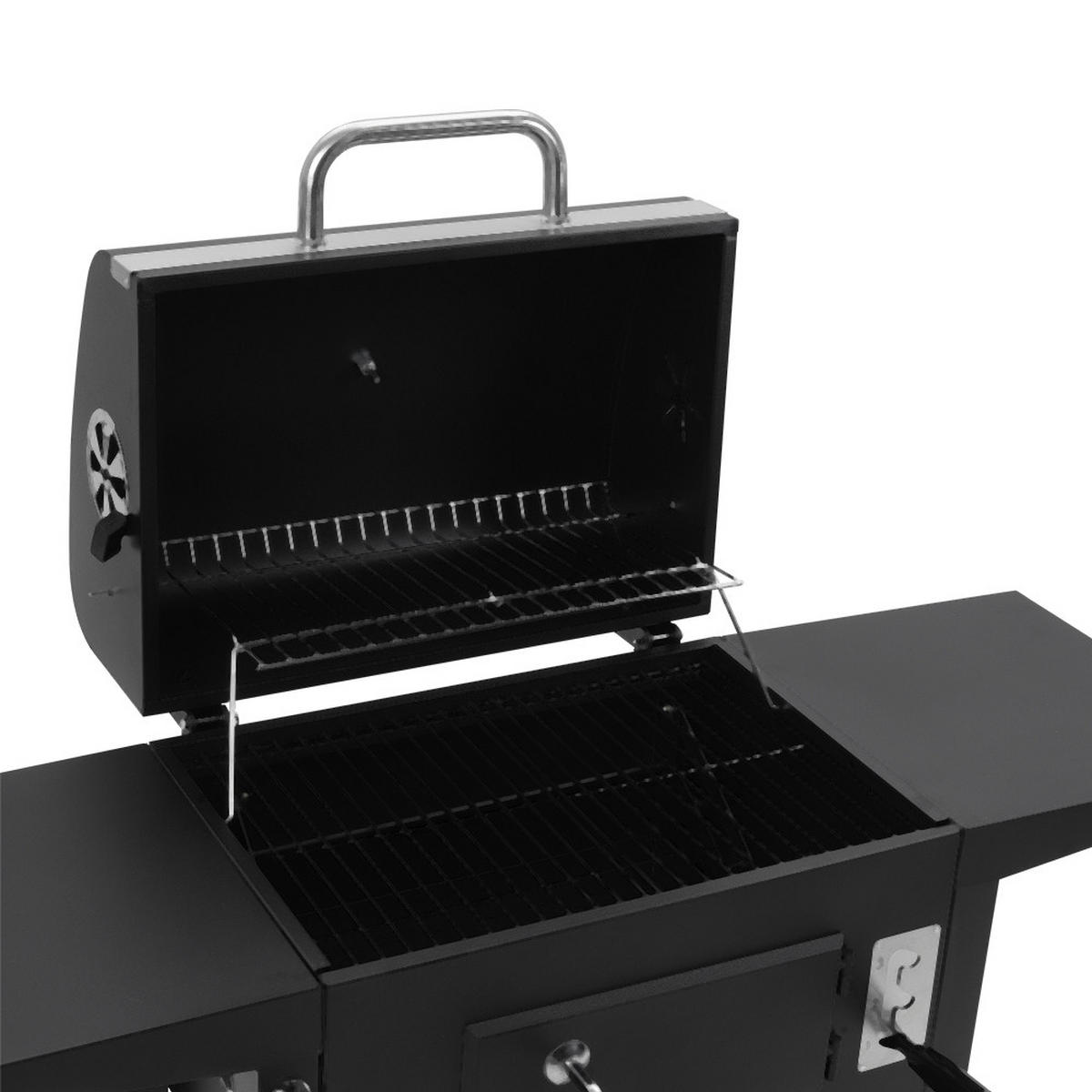 HOLZKOHLEGRILL aus Karbonstahl in Schwarz Tragbarer Outdoor BBQ 2 Seitentischen Temperaturbereich: 100-800°F 109 cm B × 46 cm T × 96,5 cm H - Schwarz, Metall (109/106.5/46cm) - Livingandhome