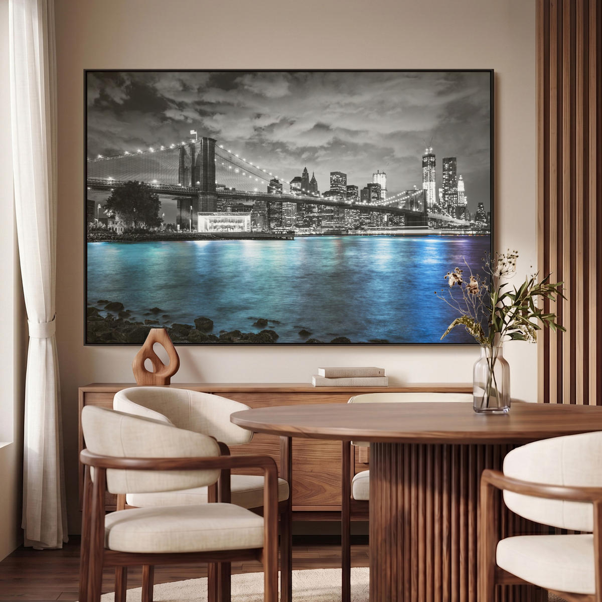 LEINWAND Bilder mit Rahmen - New York - Skyline - Stadt - Blau - 140x90 - Blaugrau, Textil (140/90cm) - MuchoWow