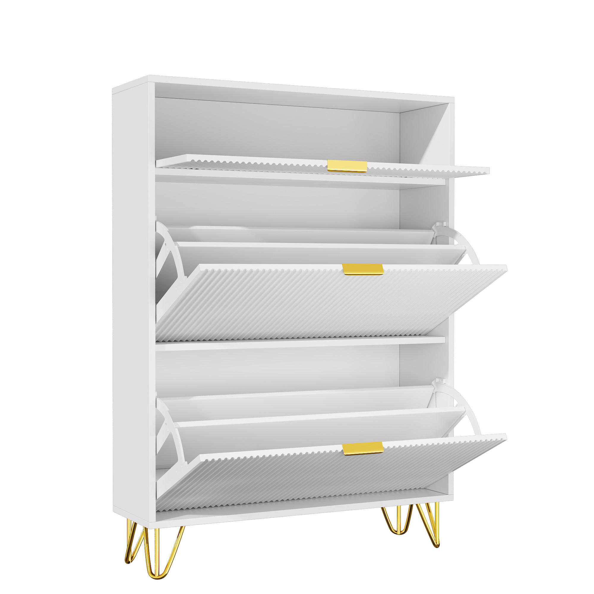 SCHUHSCHRANK Weiß, 3 Klappen, gerillte Front, Goldgriffe - Weiß, Holz (80/118/24cm)