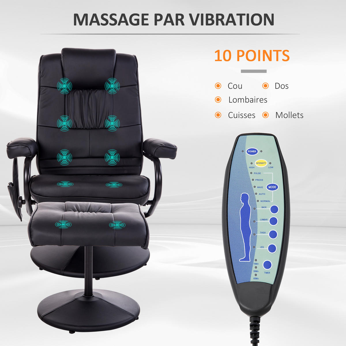 MASSAGESESSEL Schwarz mit Massagefunktion und Liegefunktion 77/84/95 cm - Schwarz, Leder (77/95/84cm) - PANGIVO