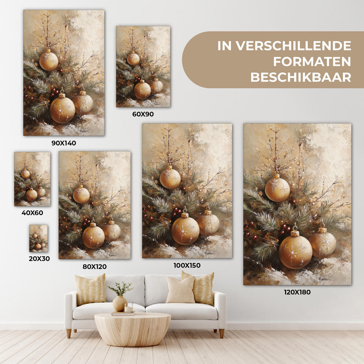 LEINWANDBILD Weihnachten - Kugeln - Beige - Gold Deko XXL 80x120 cm - Goldfarben, Textil (80/120cm) - MuchoWow
