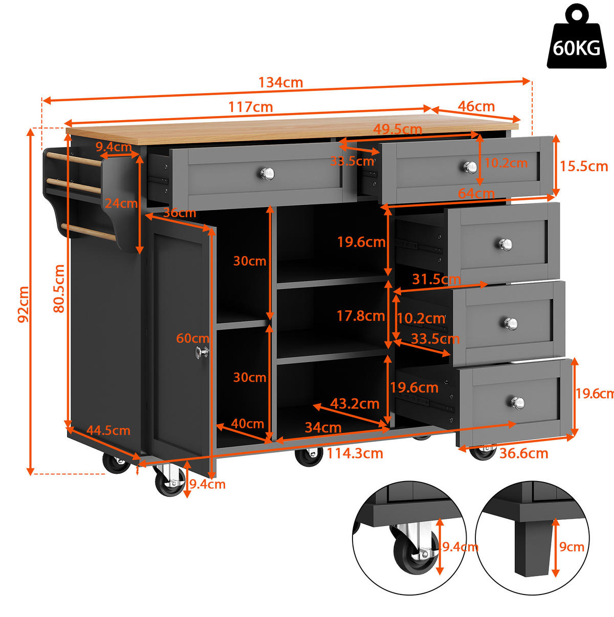 KÜCHENWAGEN aus MDF mit Schubladen & Fächern, 134/46/92 cm, Schwarz - Schwarz, Holzwerkstoff (134/92/46cm) - Redom