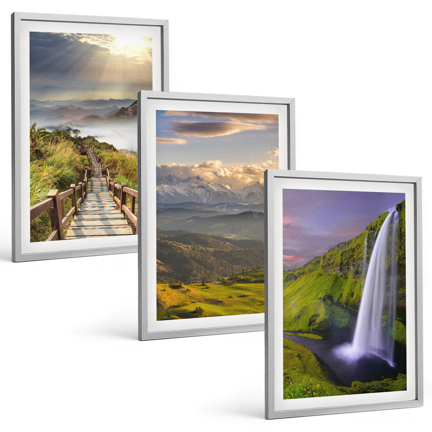 BILDER SET 3er Set - 40x60 cm Silberner Rahmen - Berglandschaften Wasserfall - Silberfarben, Kunststoff (40/60cm) - TULUP