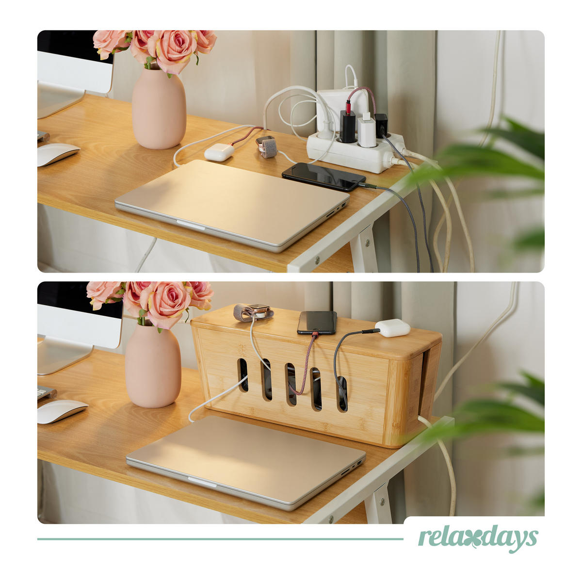 KABELBOX Natur Bambus für 2 Steckdosenleisten - Hellbraun, Holz/Textil (16/44/16.5cm) - Relaxdays
