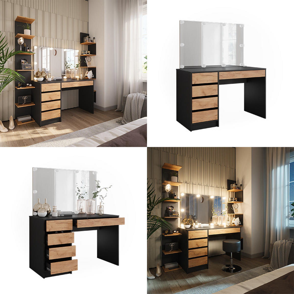 SCHMINKTISCH Sherry Anthrazit/Goldkraft Eiche 120 x 75 cm mit Spiegel & LED-Beleuchtung - Honigeiche/Anthrazit, Holzwerkstoff (120/75/55cm) - Vicco