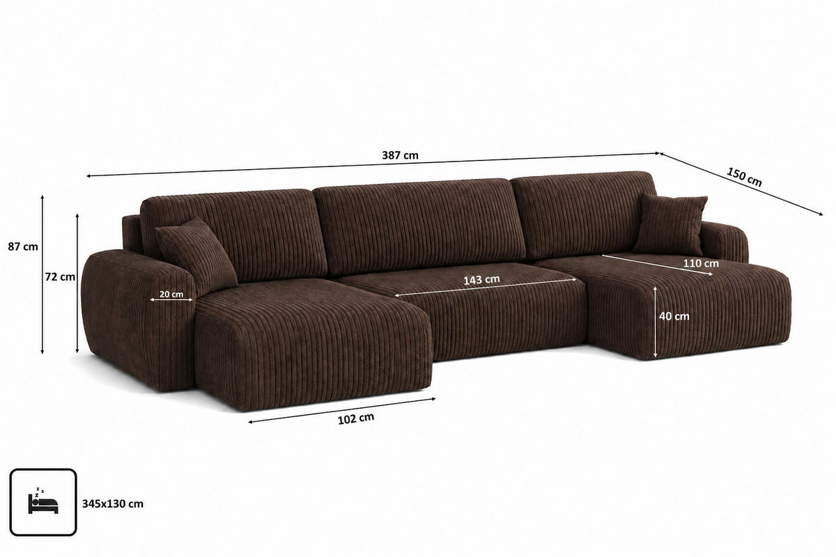 ECKSOFA Mit Schlaffunktion Und Bettkasten U-Form Ariel U XL, Cordstoff Poso, Braun - Braun, Holz (387/142cm) - Kaiser Möbel