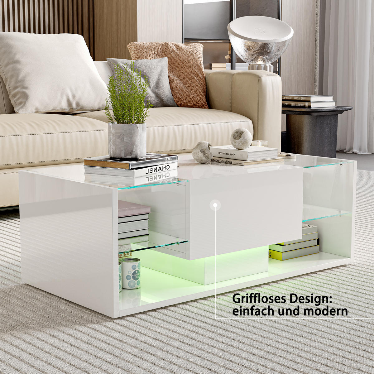 COUCHTISCH mit LED, Hochglanz Wohnzimmertisch, Weiß 100x50x35 cm - Weiß, Holz (50/100/35cm)