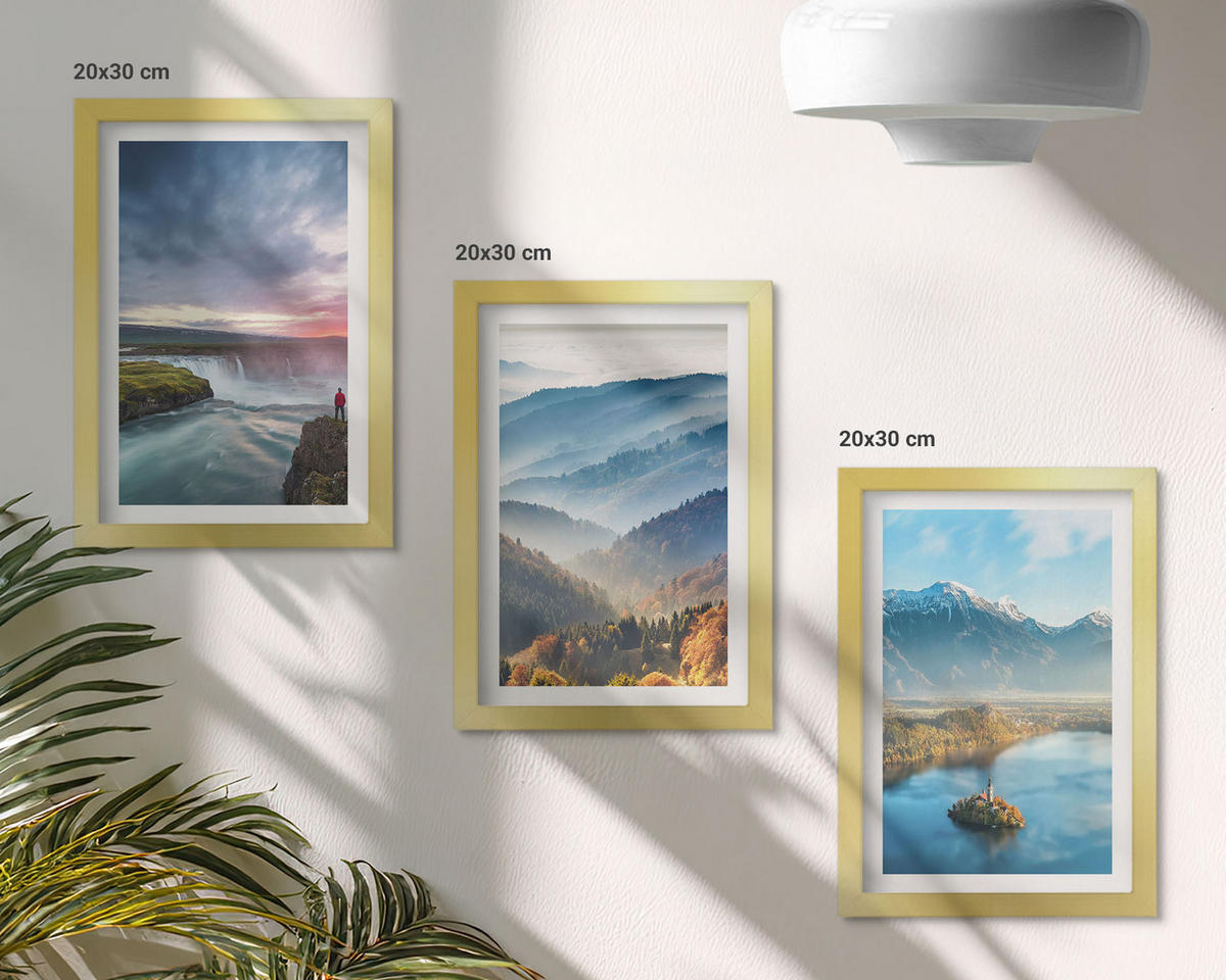 WANDBILDER 3er Set - 20x30 cm Goldrahmen - Berglandschaften, Wasserfälle - Goldfarben, Kunststoff (20/30cm) - ArtPrintCave